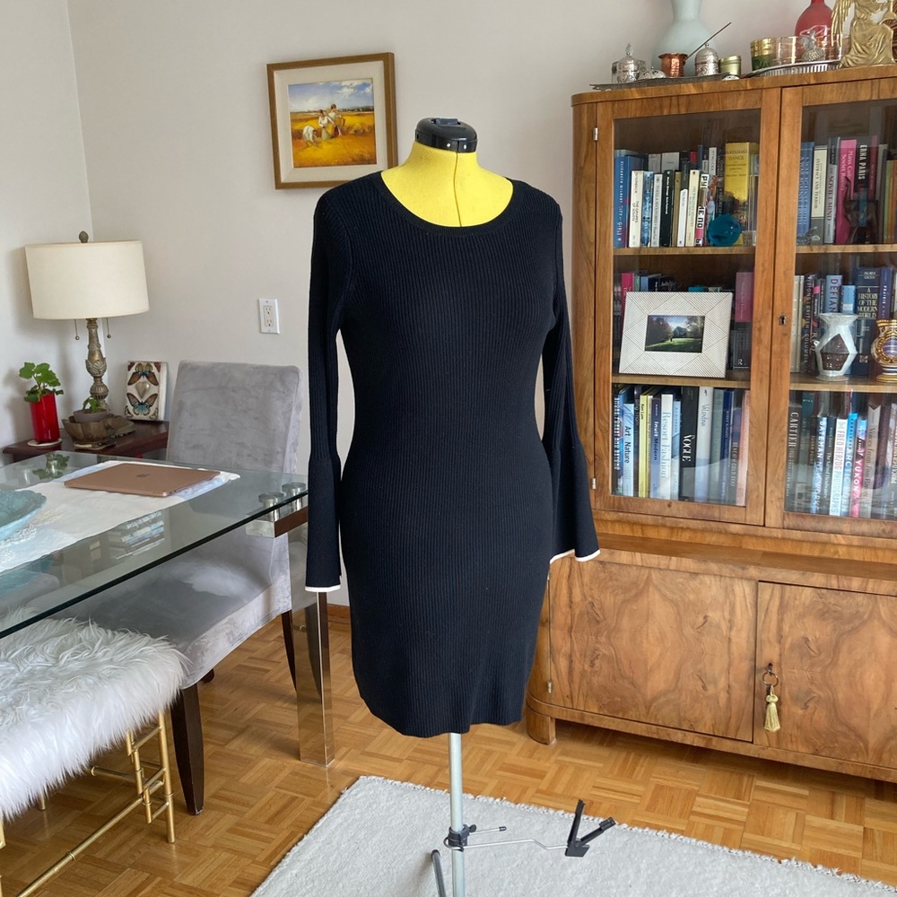 Club Monaco Black Ribbed Long Sleeve Mini Sweater Dress